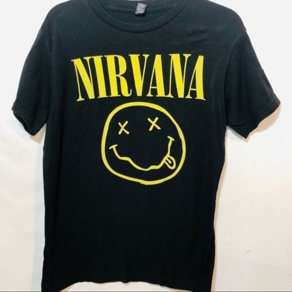 Nirvana Men's Shirt Smiley Face Kurt Cobain Y2K Black Yellow Size Large - Picture 1 of 5
